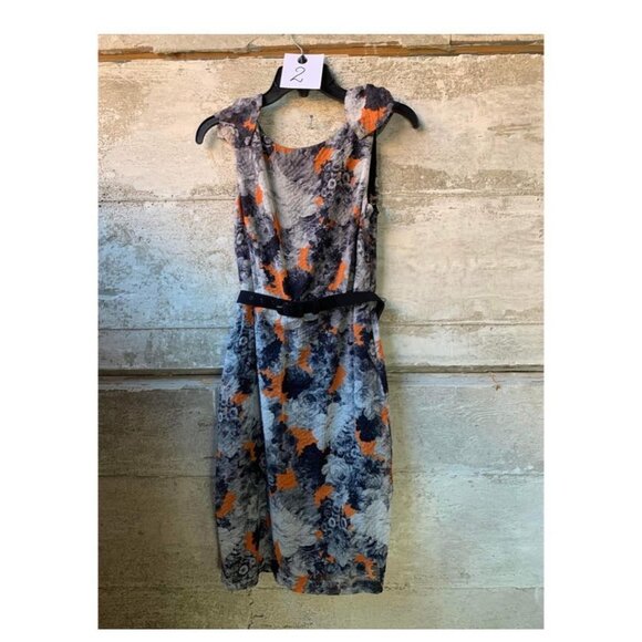 21. Eva Franco Sleeveless Printed Gray and Orange Midi Dress